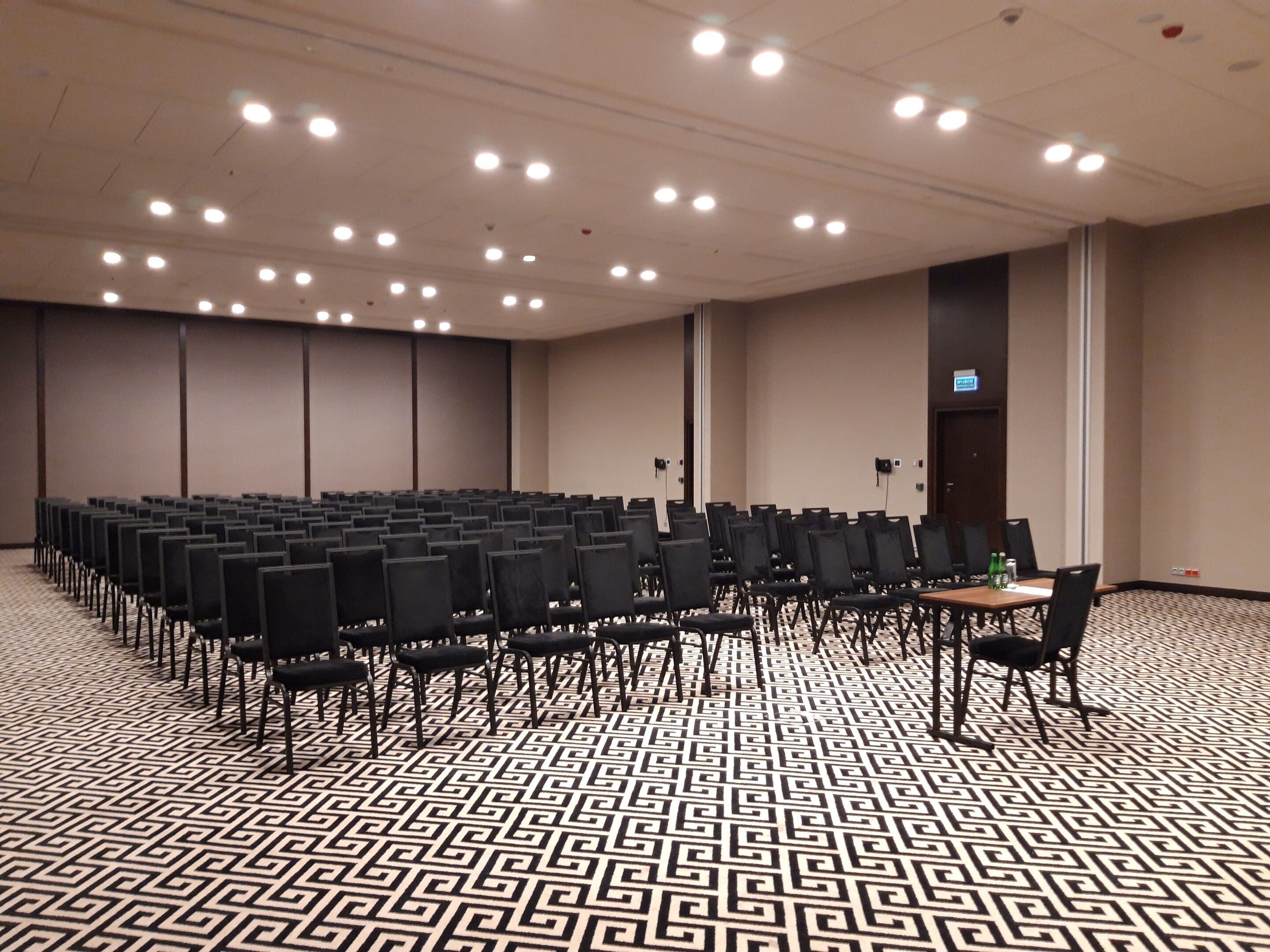 A conference room with rows of chairs, a patterned floor, and ceiling lights.