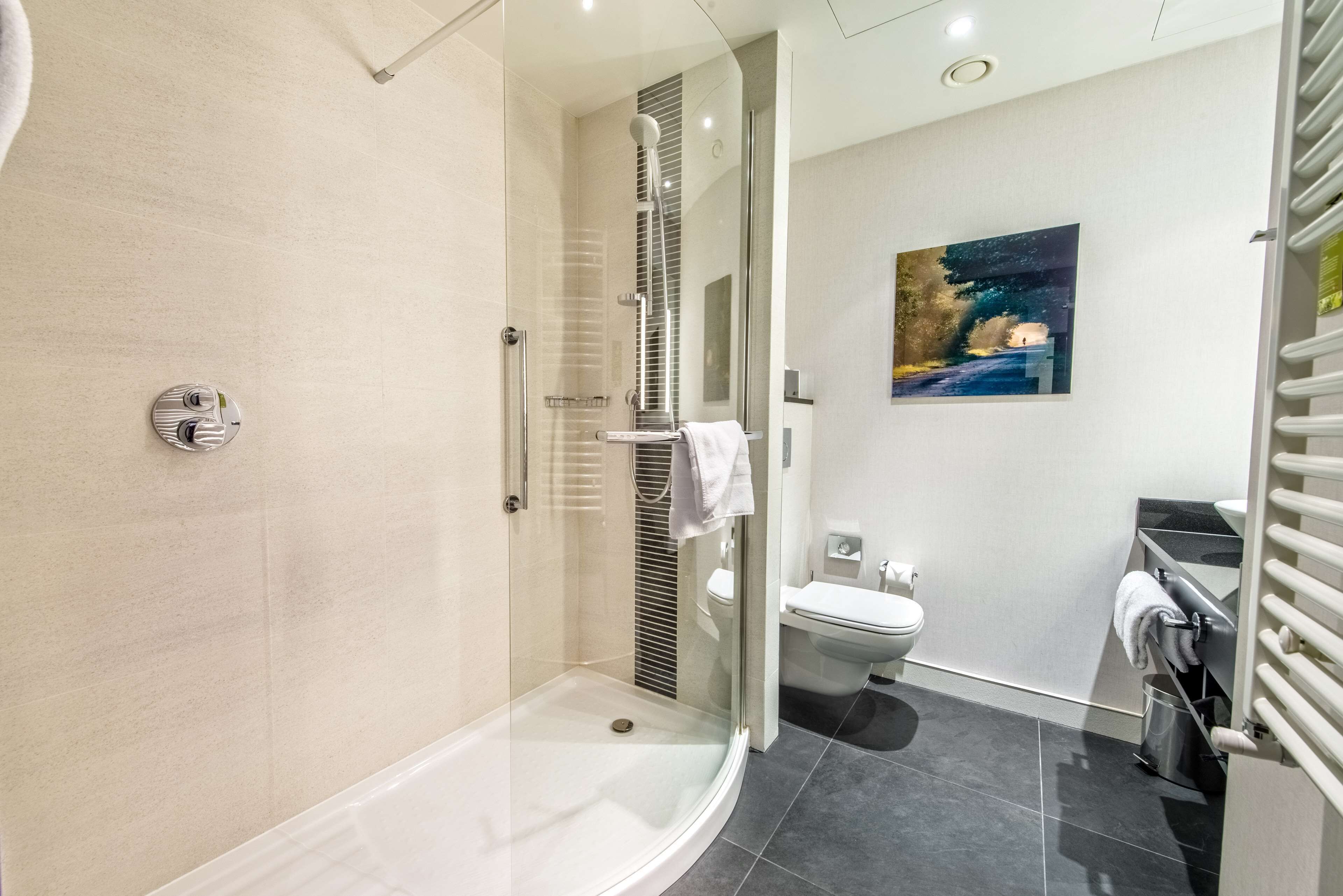 Un baño moderno con ducha envuelta en vidrio, inodoro y lavamanos.