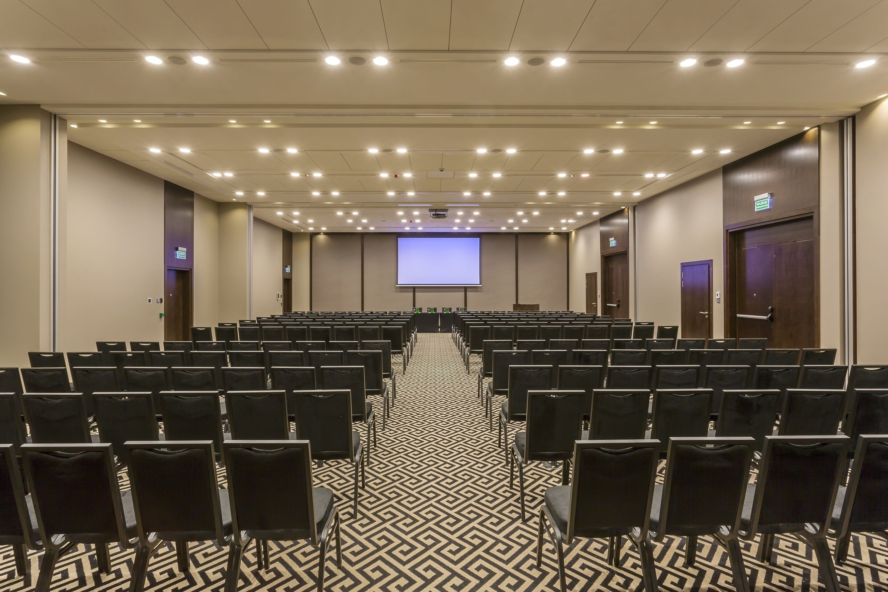 Ein Konferenzraum mit Reihen von Stühlen, einer Projektionsleinwand und einem gemusterten Teppich.