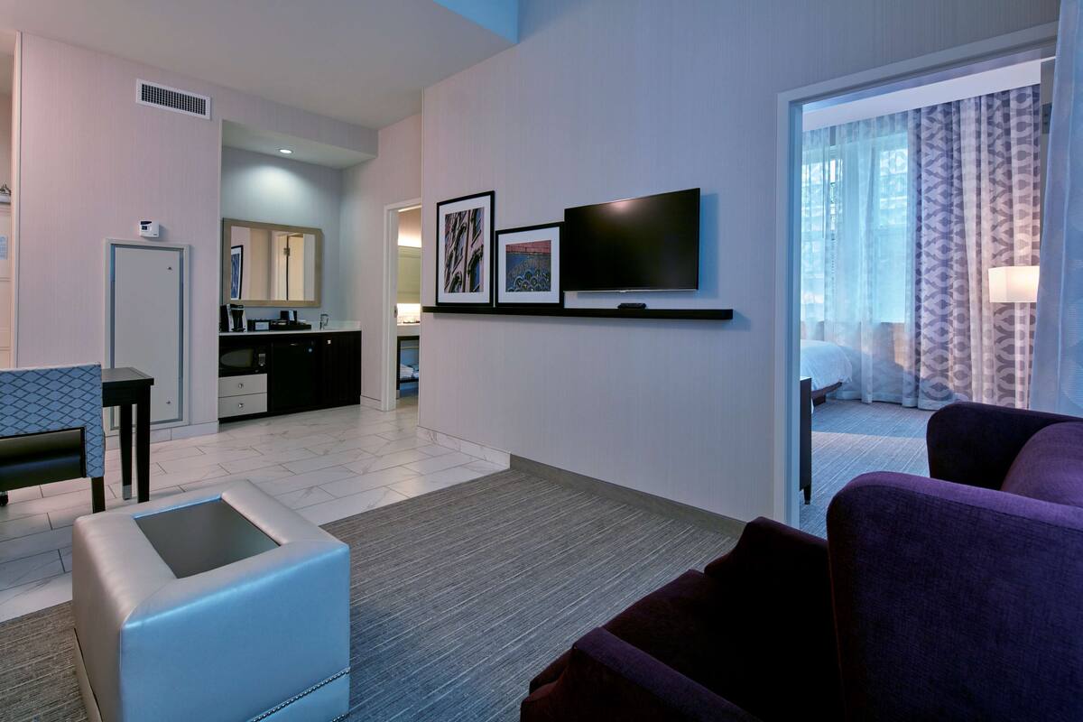 suite, 1 king bed, non smoking, corner | living area | flat-screen tv