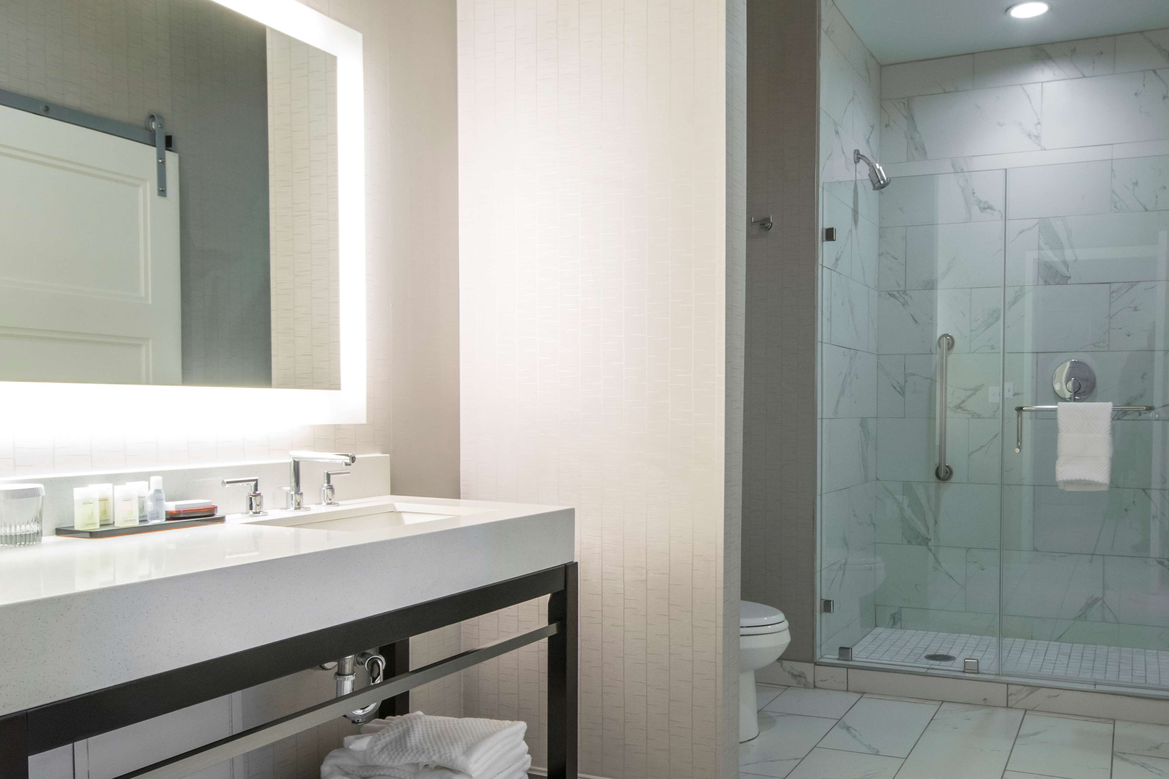 A modern bathroom with a glass-enclosed shower, a white sink with a mirror above it, and a toilet.