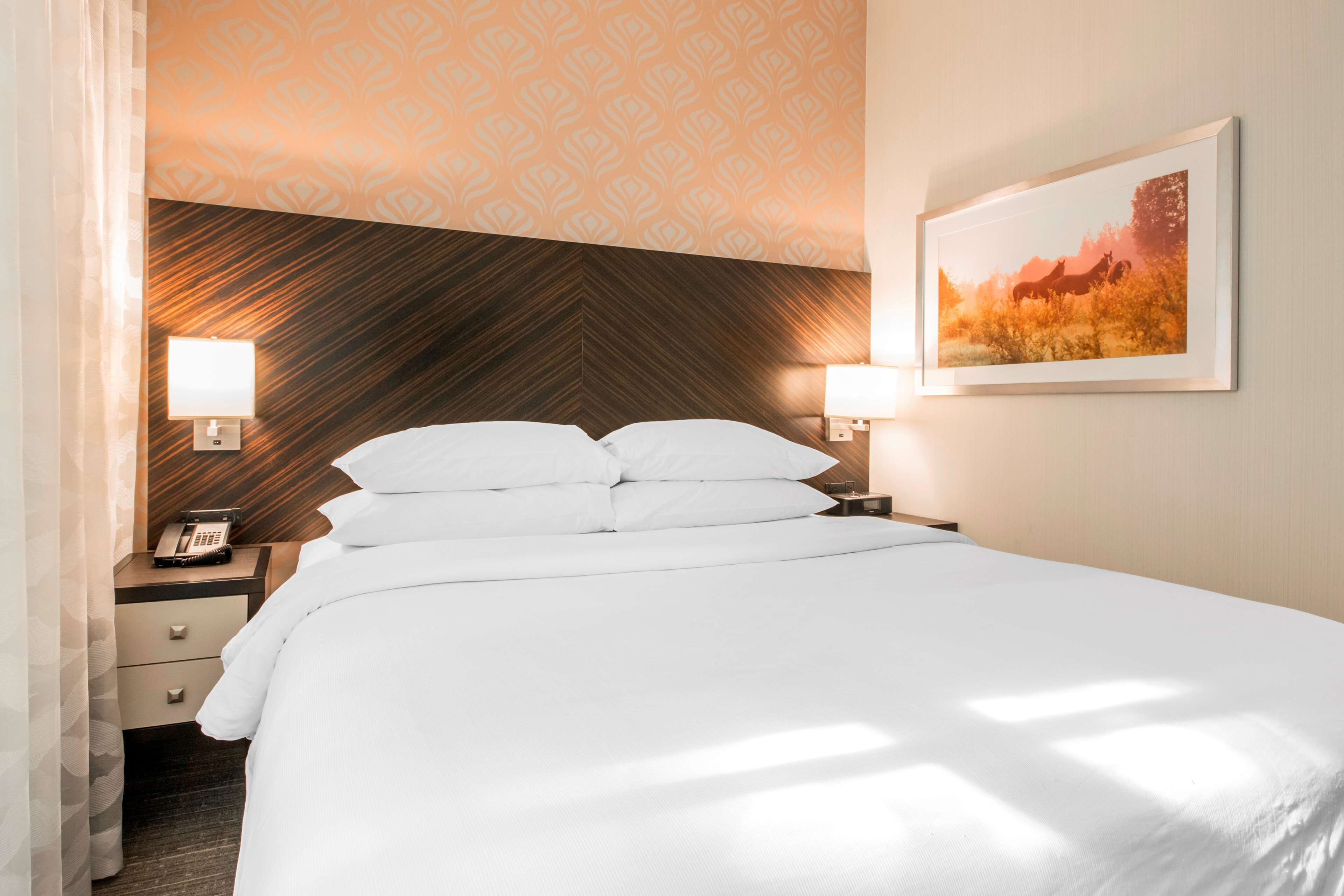 A hotel room with a large bed, two bedside tables with lamps, a phone, and a framed picture on the wall.