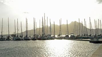 Un puerto deportivo con varios veleros amarrados, una superficie acuática tranquila que refleja la luz del sol y un paisaje montañoso al fondo.