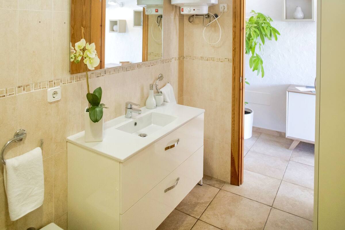 apartment, 2 bedrooms, terrace, pool view | bathroom | hair dryer, towels, soap, shampoo