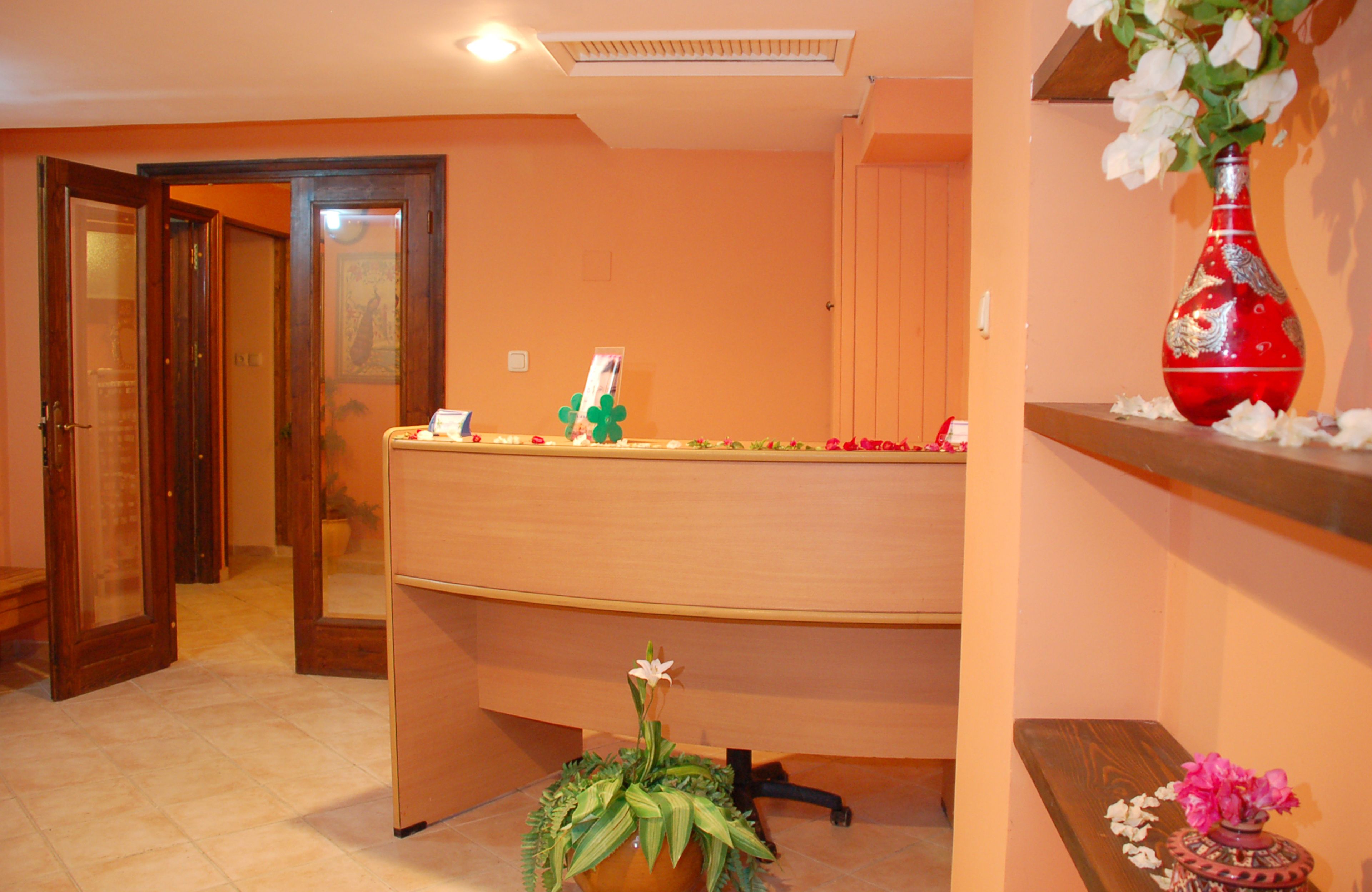 Una recepción con una planta en maceta, un florero con flores y una puerta de madera al fondo.