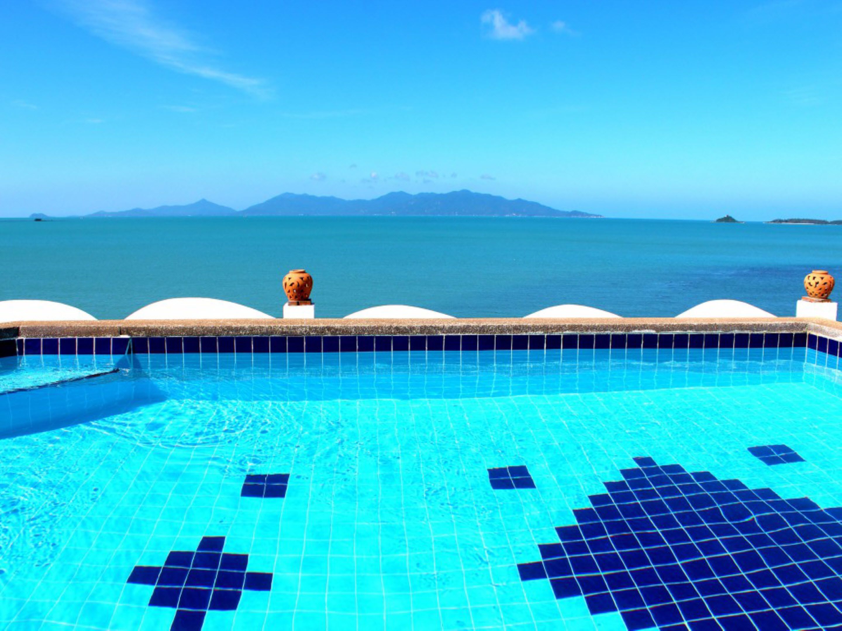 Outdoor pool, pool umbrellas, pool loungers