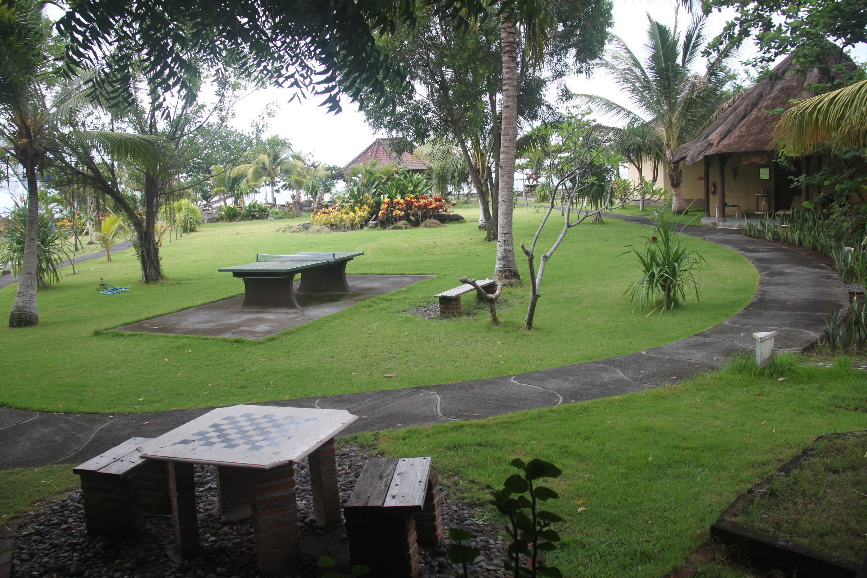 A lush garden with a thatched-roof building, a checkered table, and a curved pathway.