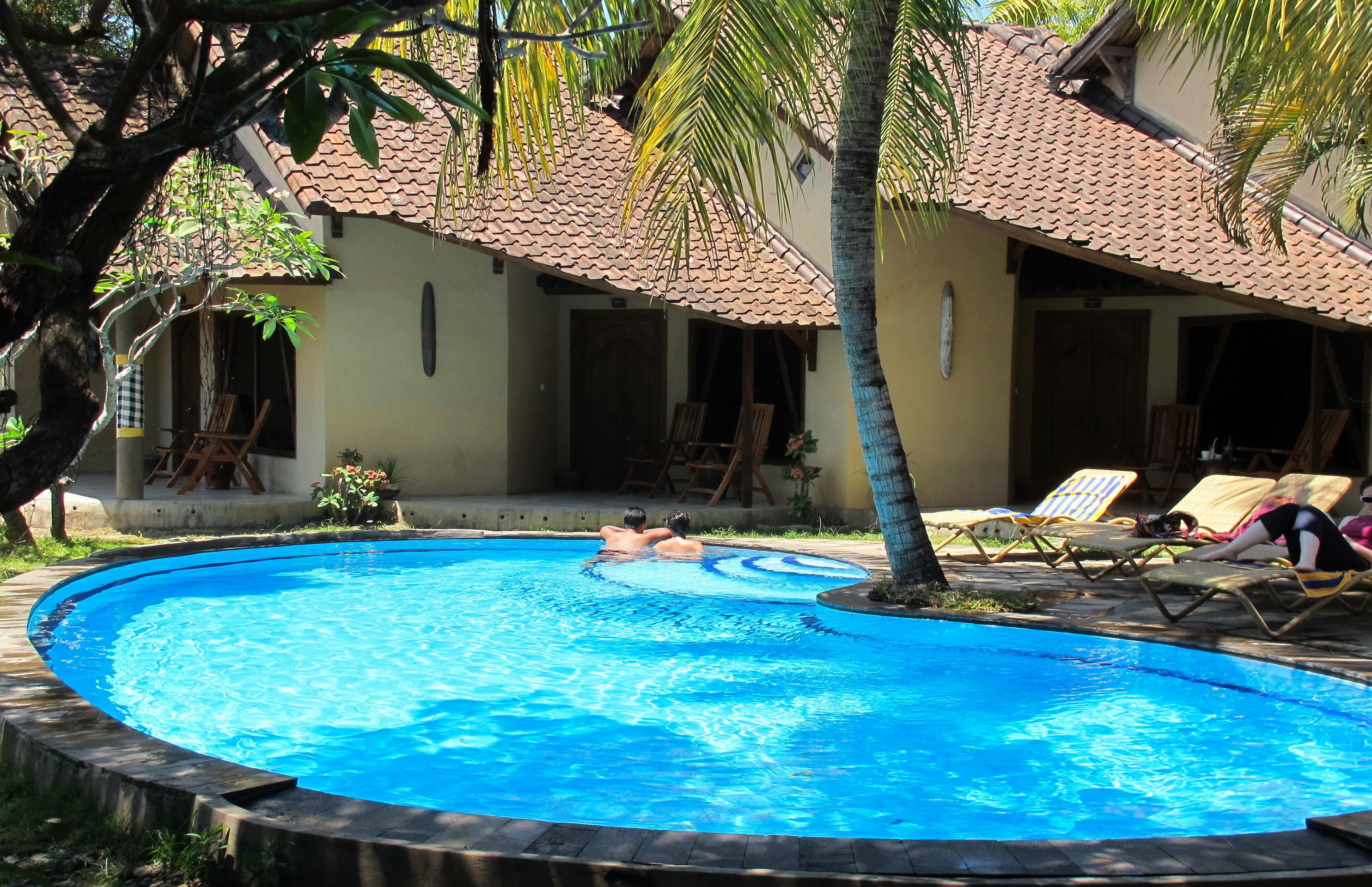 Una piscina con sillas de descanso y palmeras.