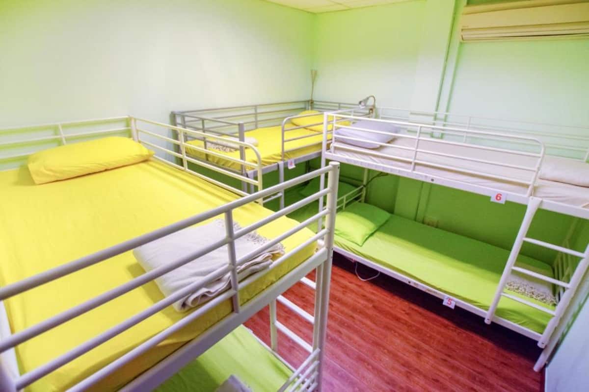 A dormitory room with bunk beds, each with a mattress and pillow.