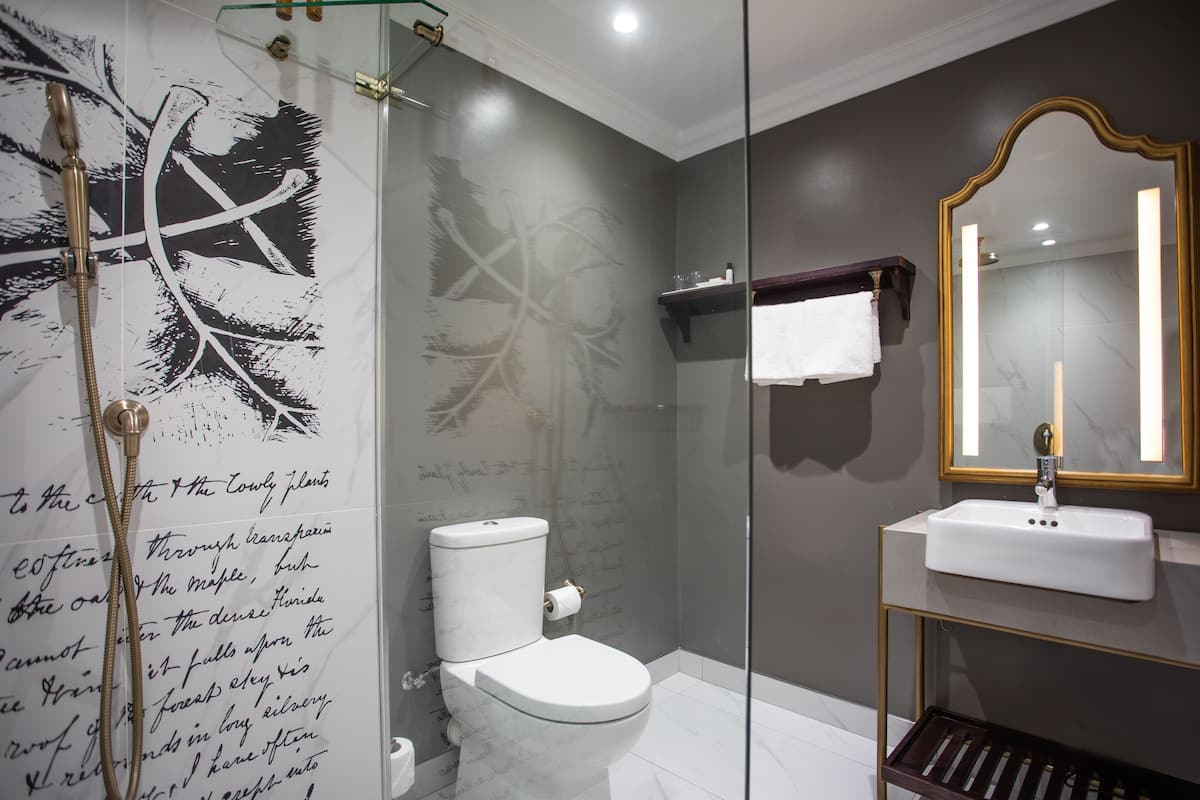 standard room | bathroom | shower, free toiletries, hair dryer, towels