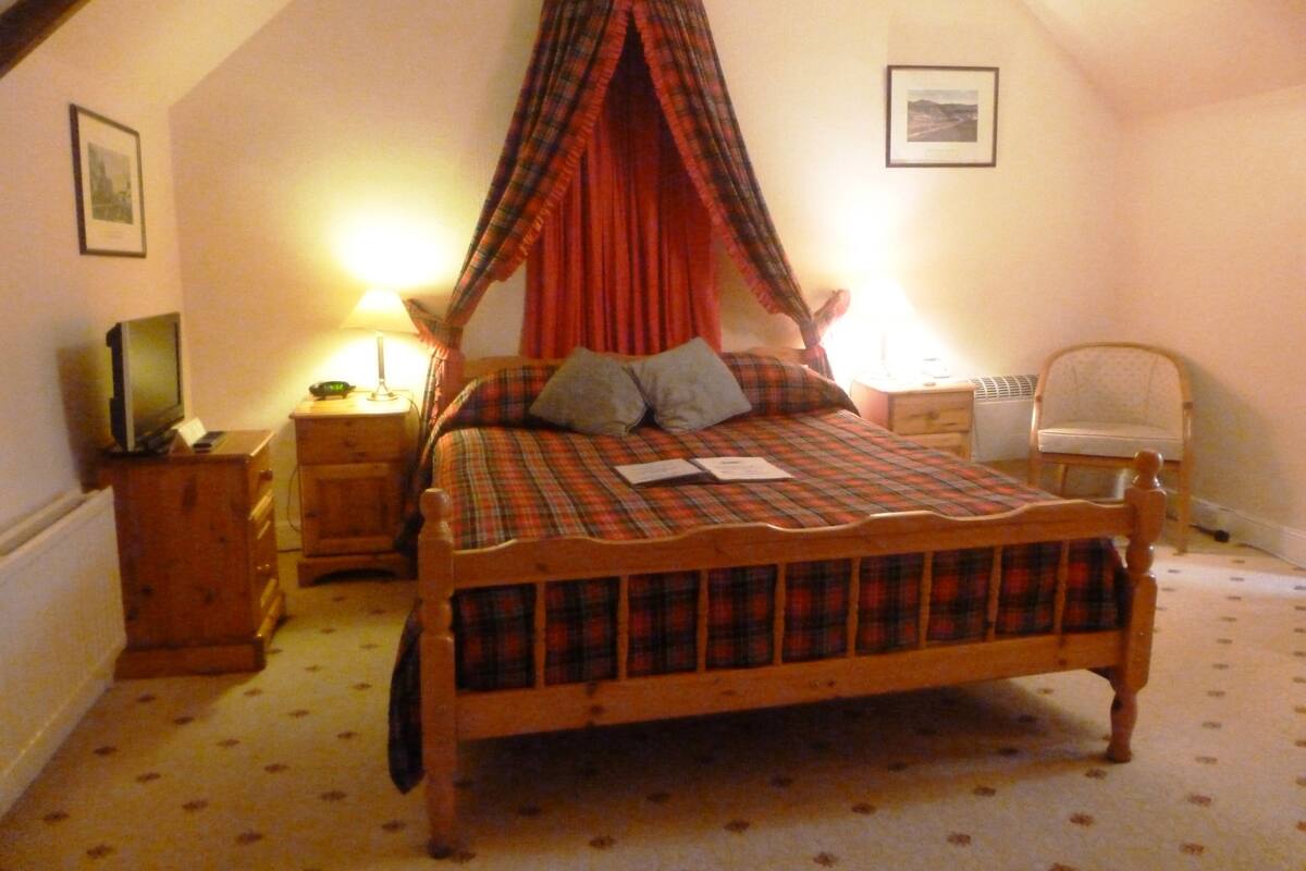 A bedroom with a four-poster bed, a wooden nightstand, a chair, and a television on a dresser.