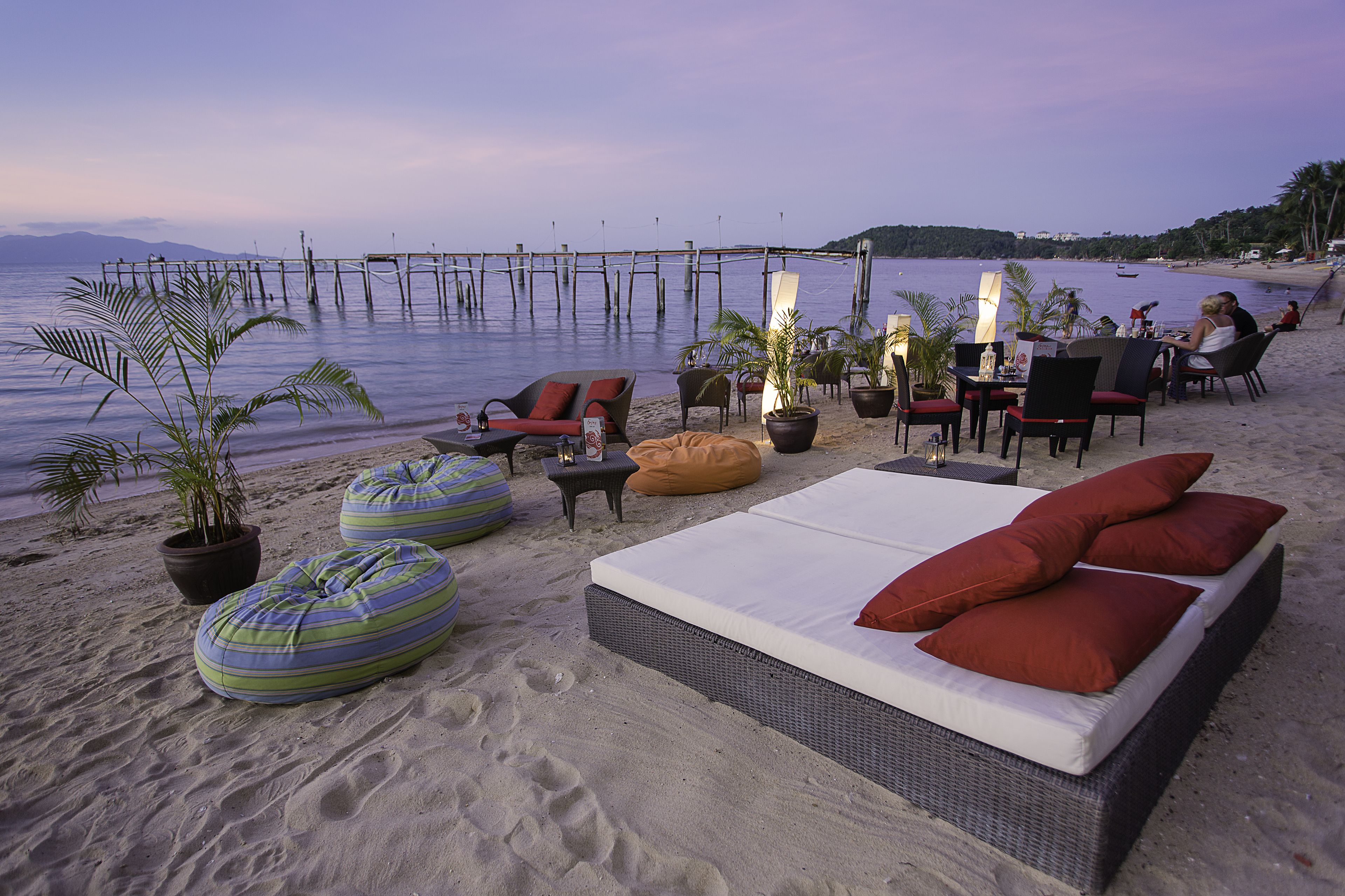 On the beach, sun loungers, beach umbrellas, beach bar