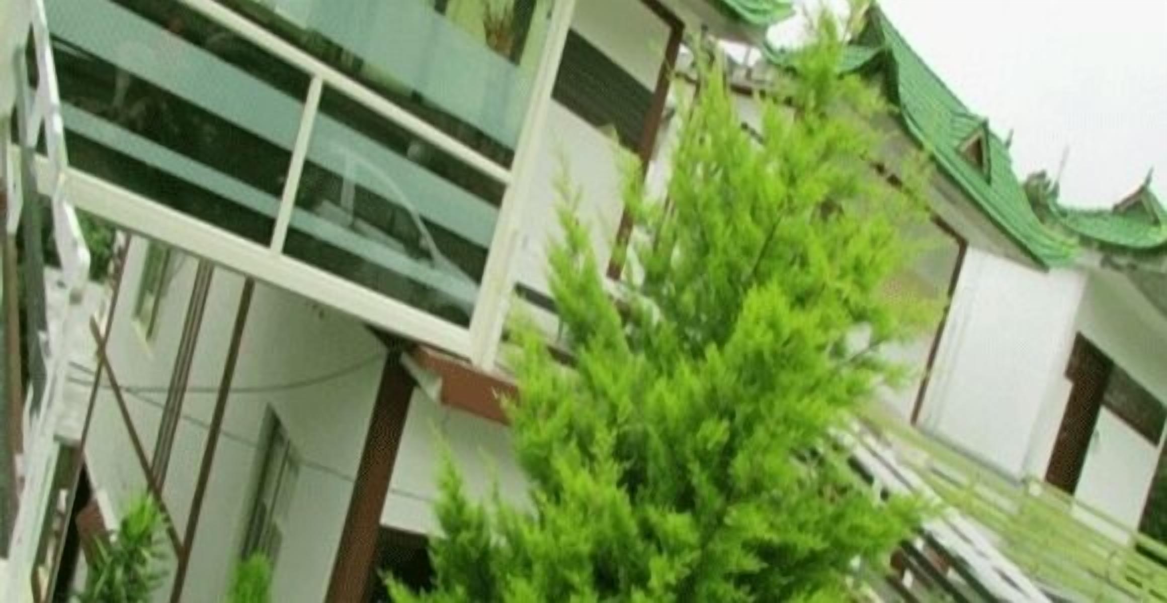 Een meerhoog gebouw met een traditioneel dak, een balkon en een groene boom ervoor.