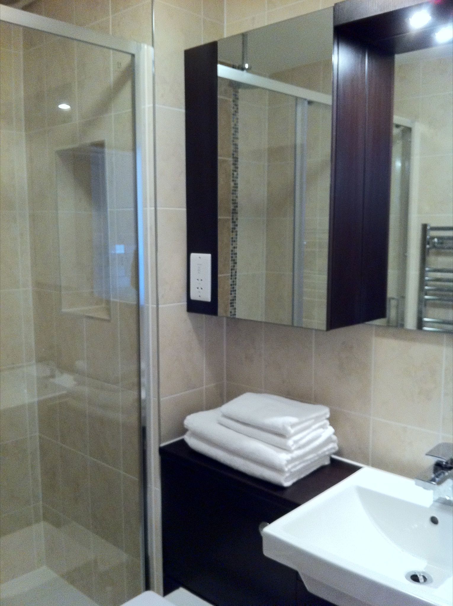 A modern bathroom with a glass shower enclosure, a white sink, and a dark countertop.