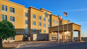 Un hotel moderno con fachada amarilla, múltiples ventanas y un acceso cubierto con banderas.