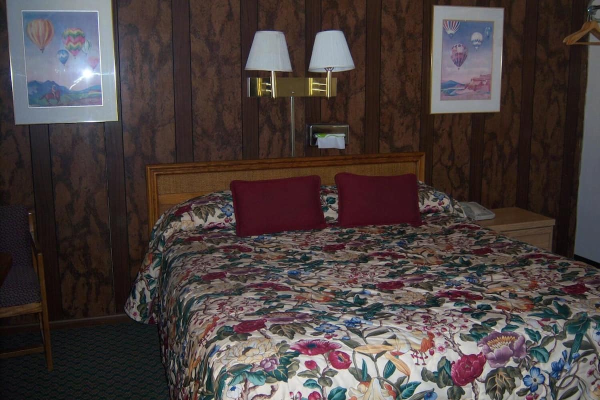 A hotel room with a wooden paneled wall, a floral bedspread, two red pillows, a bedside table with a lamp, and two framed pictures on the wall.