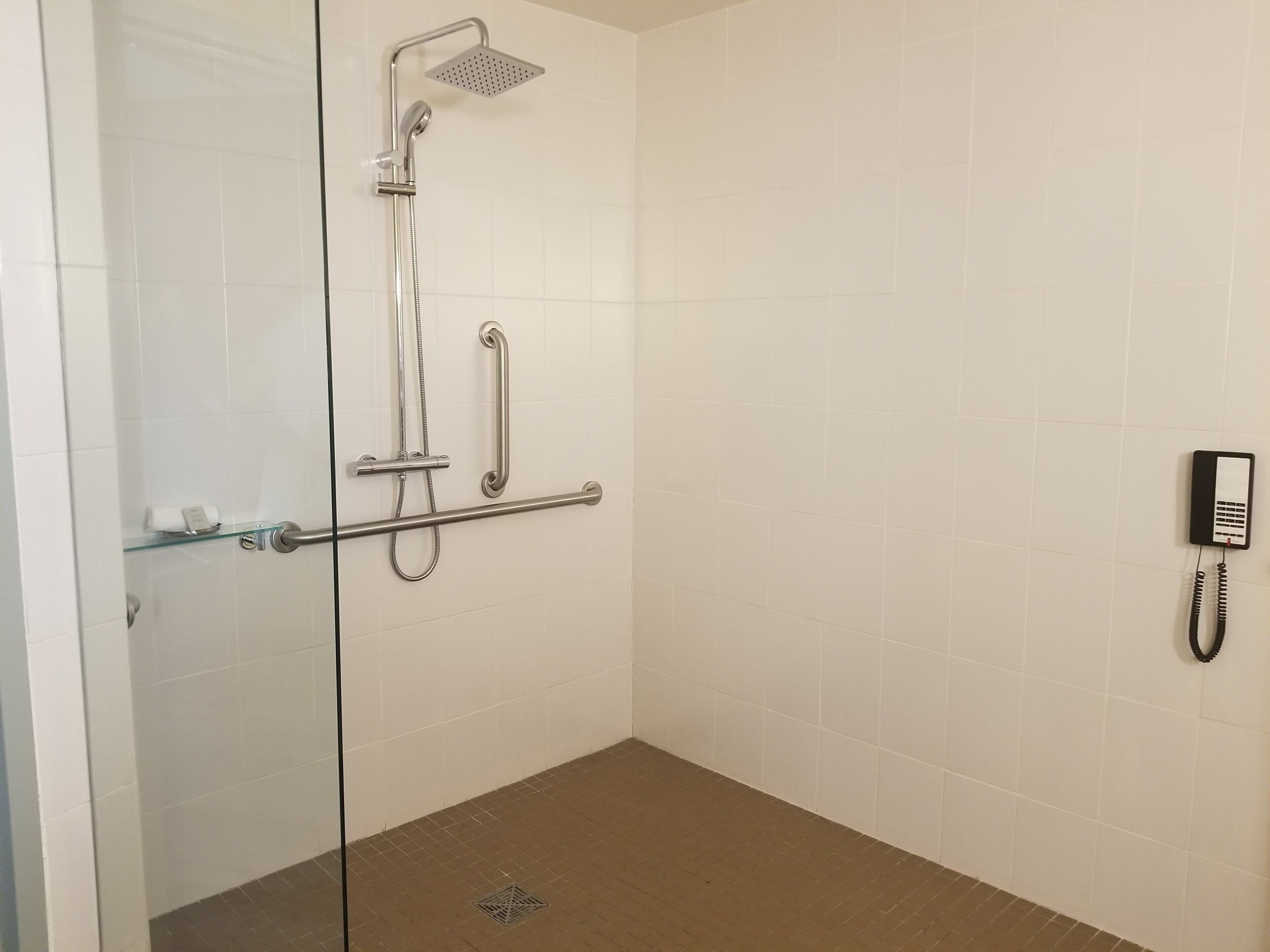 A glass-enclosed shower area with a handheld showerhead, a handheld shower attachment, and a grab bar.