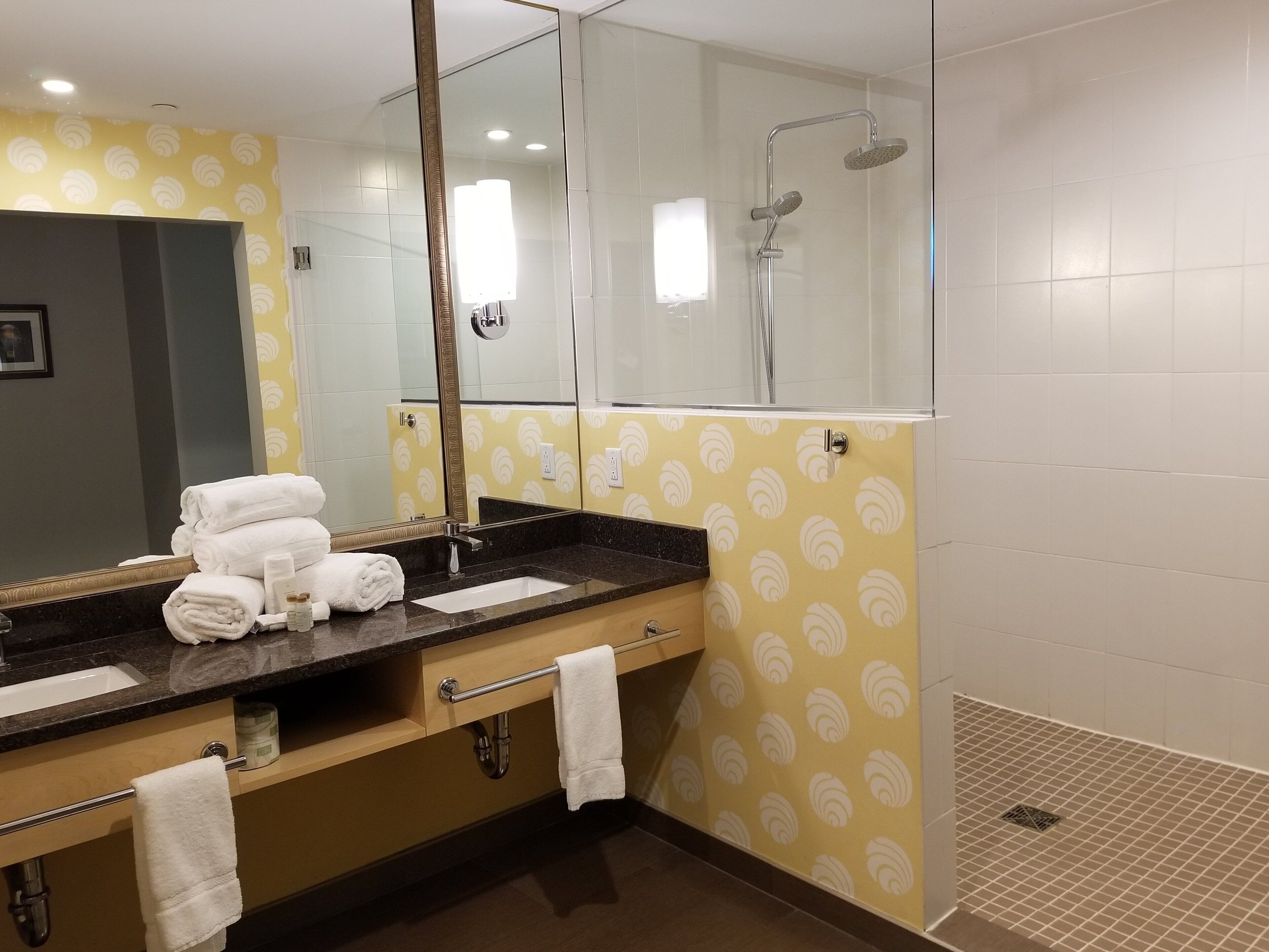 Een badkamer met een wastafel, spiegel, handdoekhouder en douche.