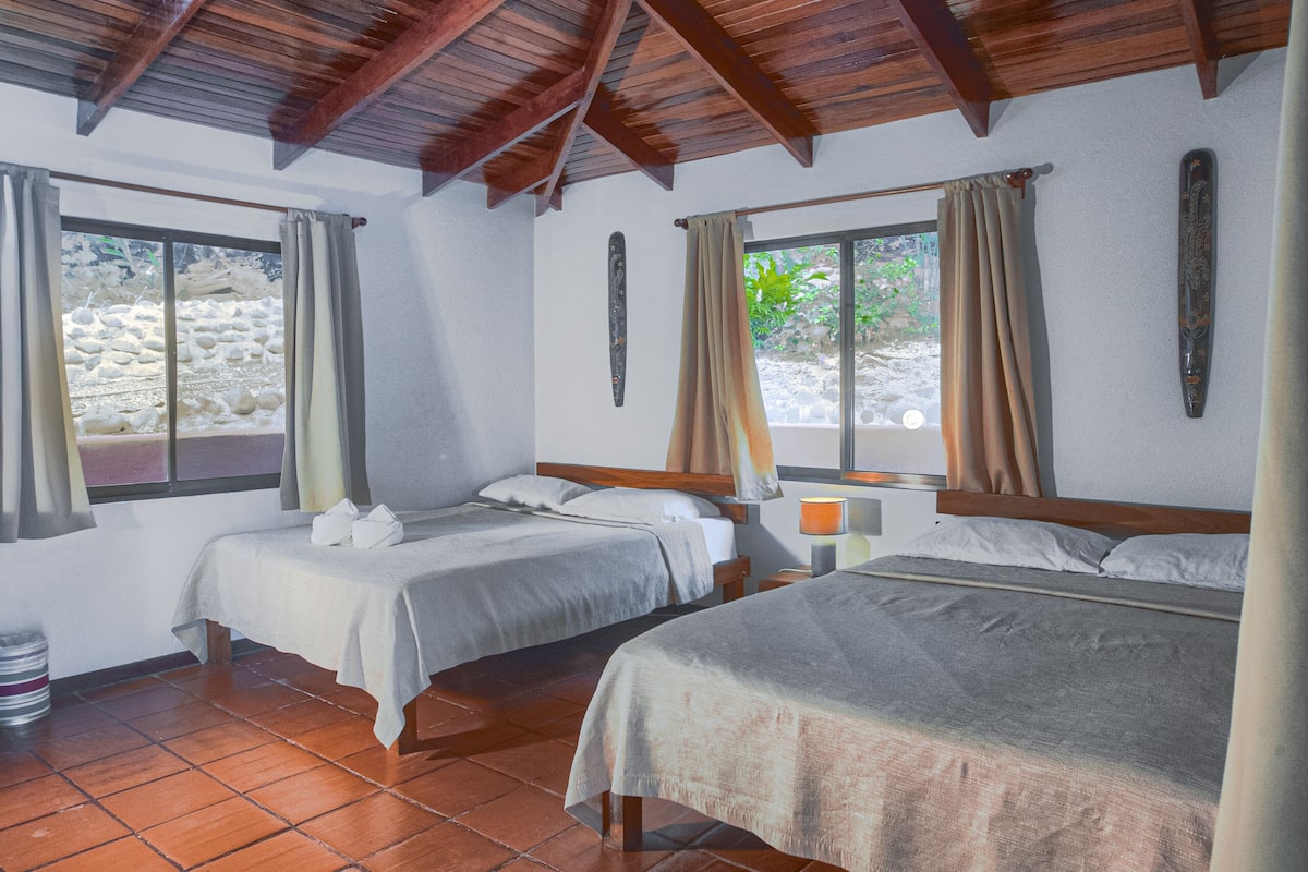 quadruple room, 2 double beds, patio, pool view | blackout curtains, free wifi, bed sheets