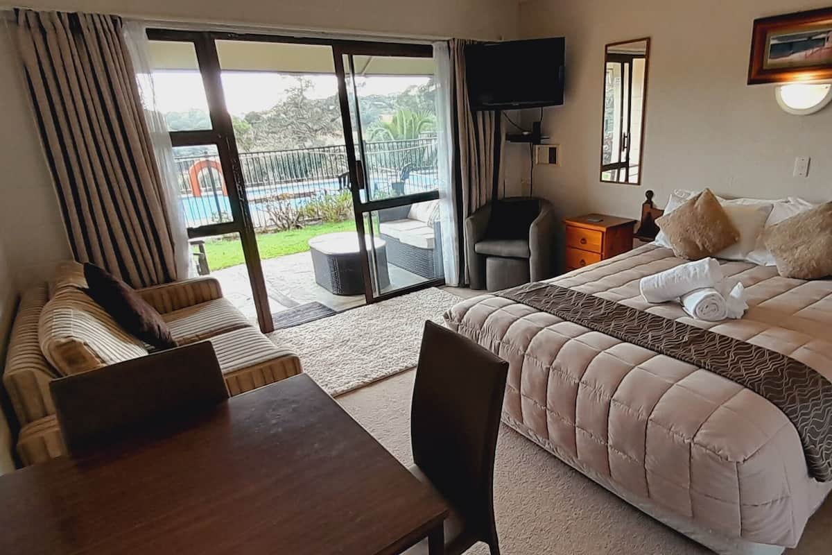 A hotel room with a bed, a desk, a chair, a TV, a mirror, and a view of a pool and garden.