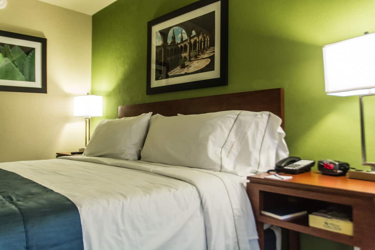 Une chambre d’hôtel avec un lit, une table de chevet avec une lampe, un tableau encadré au mur et une horloge.