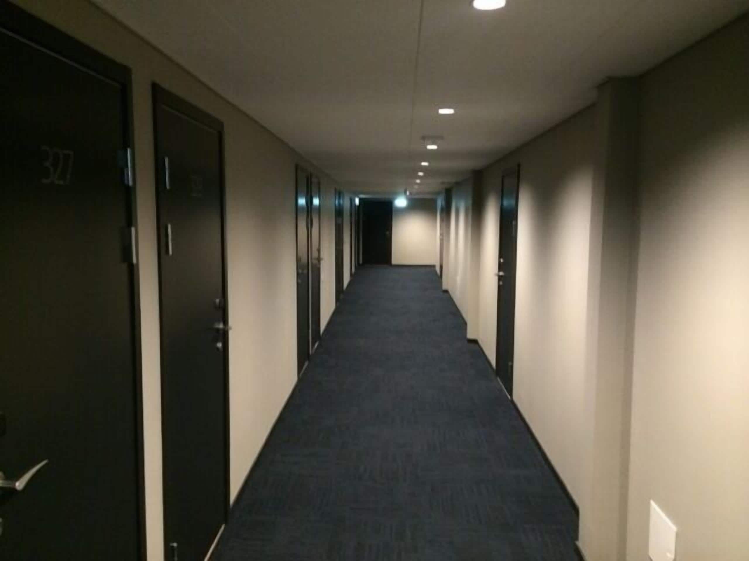 A long, narrow hallway with doors on both sides, carpeted floor, and recessed lighting on the ceiling.