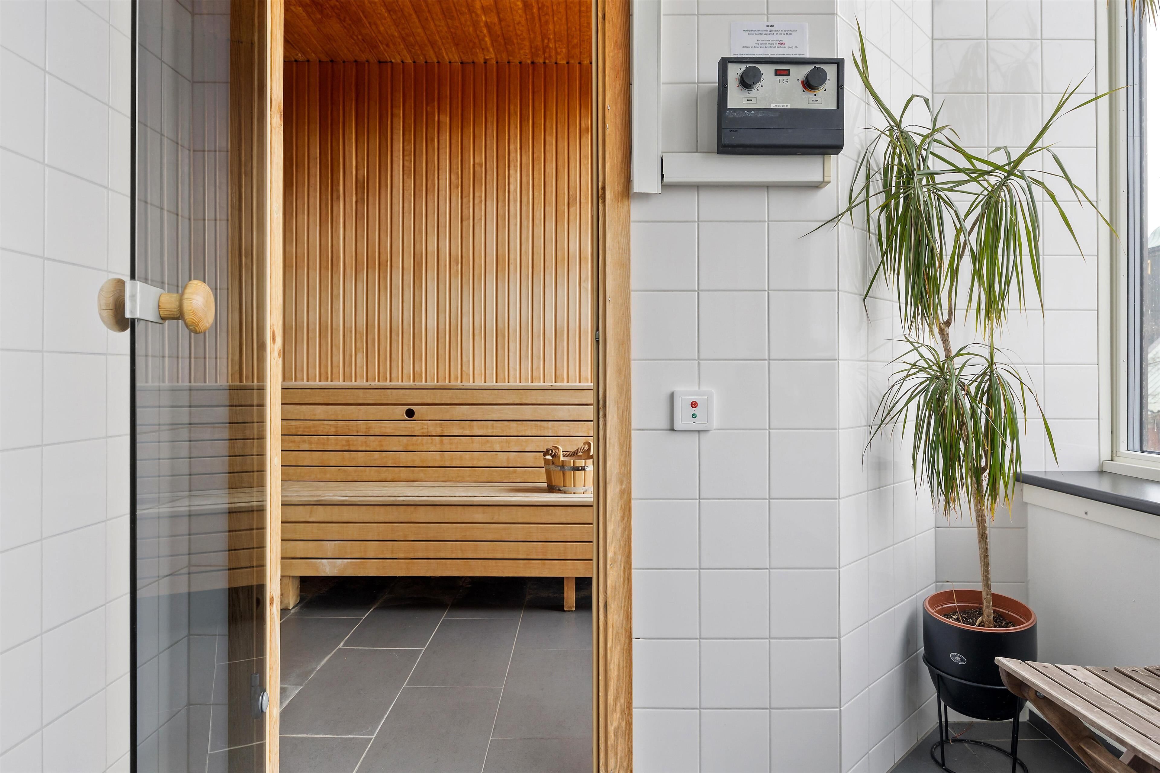 A sauna room with a wooden bench, a potted plant, and a control panel on the wall.