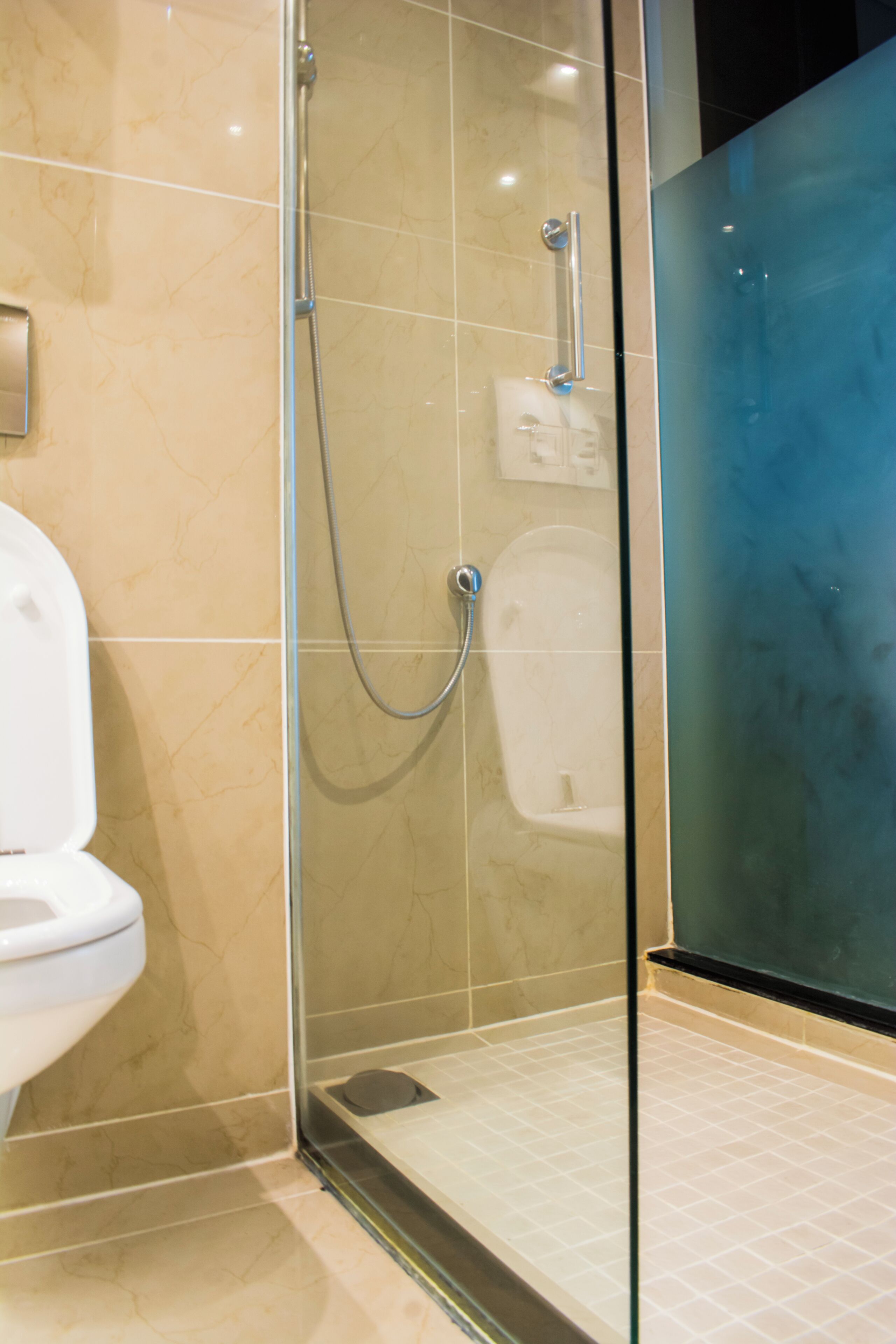 A modern bathroom with a glass-enclosed shower, a toilet, and a sink.