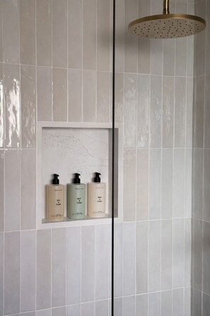 Shower, rainfall showerhead, designer toiletries, hair dryer - The Herondale Hotel (Astoria)
