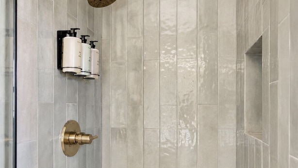 Une douche avec un pommeau de douche doré, un distributeur de savon fixé au mur et un bouton de commande.