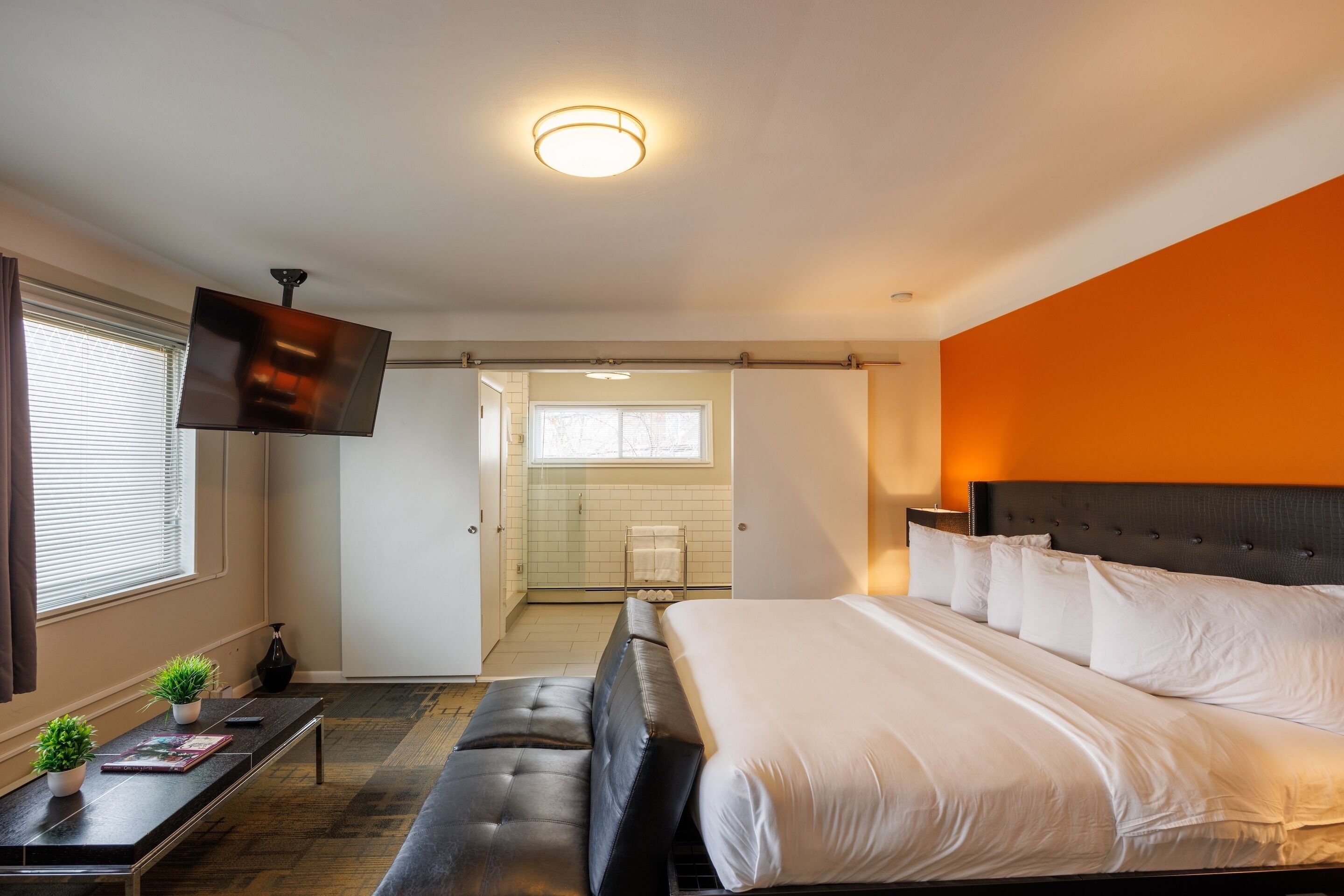 A modern hotel room with a large bed, a flat-screen TV, a bench, and a small table with plants.