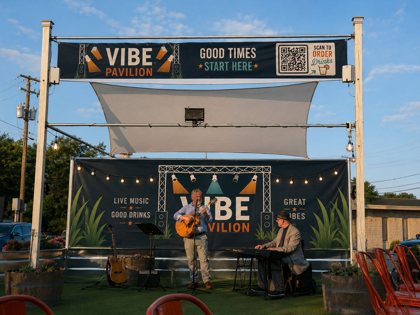 A live music stage with a banner advertising 'VIBE PAVILION' and 'GOOD TIMES START HERE'.