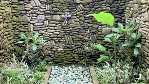 A stone wall with a water feature and plants. - Bagiya Suites & Villas (Ubud)
