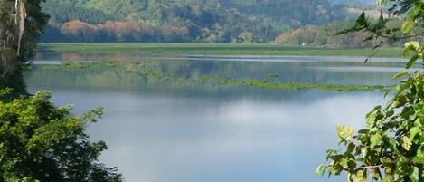 A serene lake surrounded by lush greenery and hills.