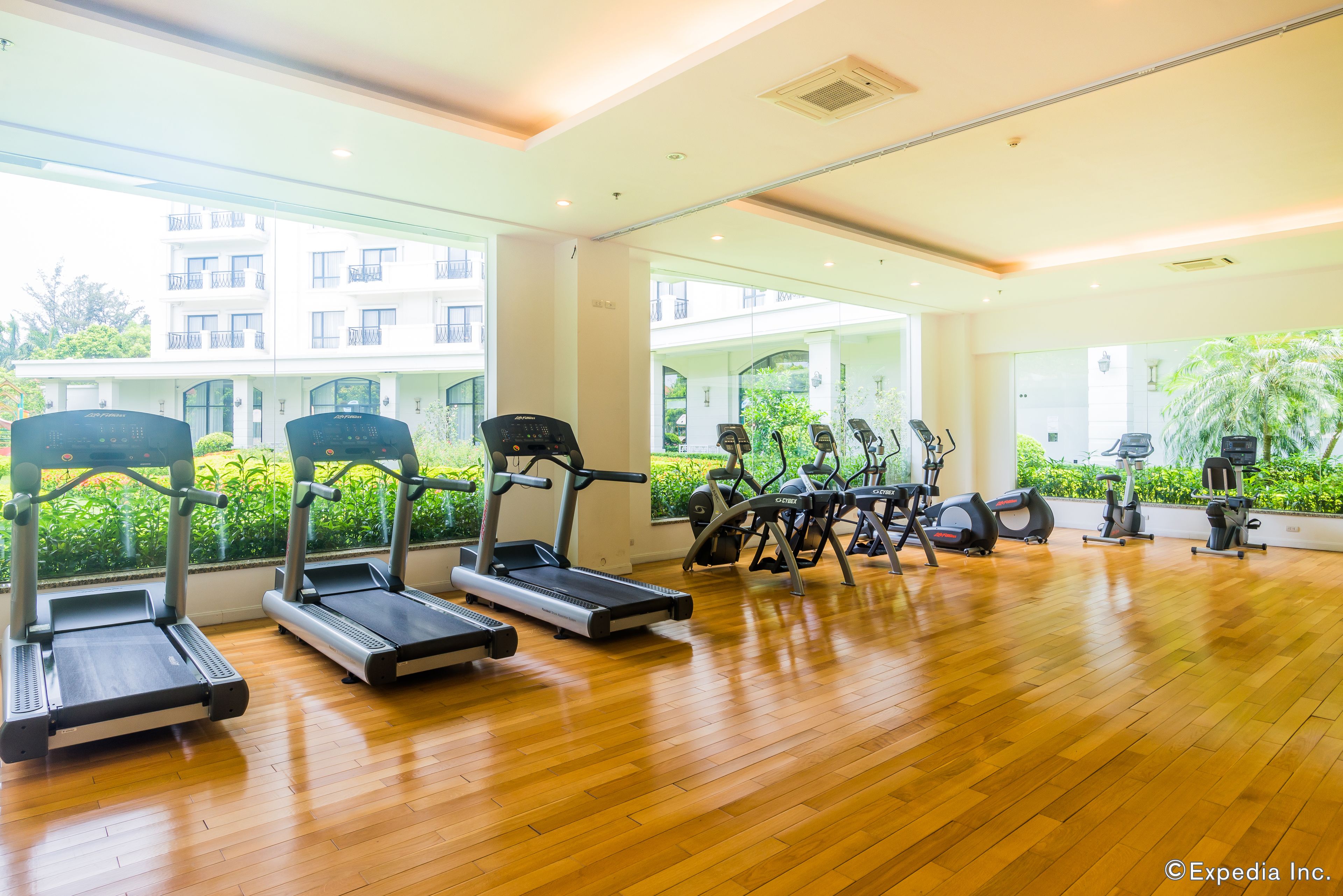 Een sportschool met loopbanden, elliptische trainers en hometrainers, grote ramen met uitzicht op groen en gebouwen.