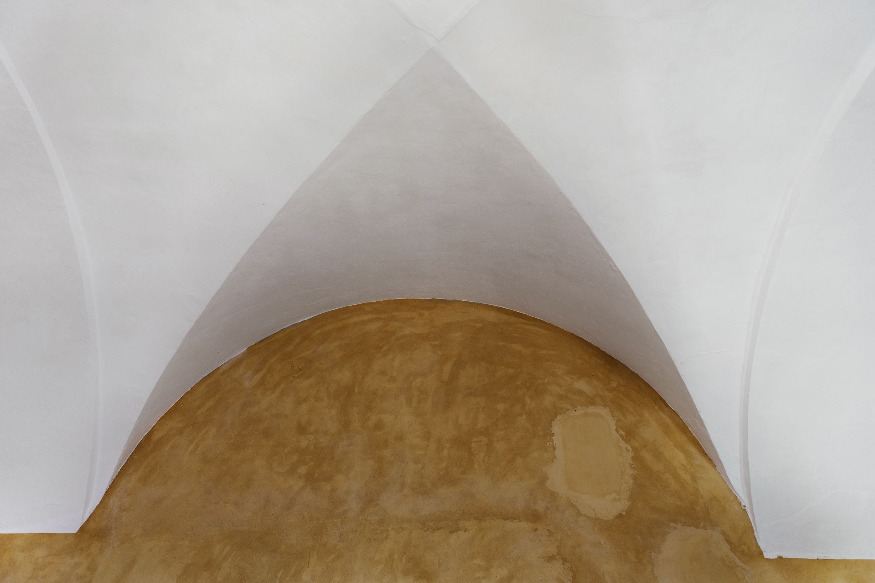 A room with a large, curved, brown-colored wall and white ceiling panels.