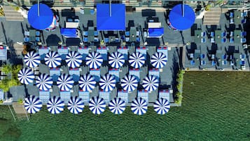 An aerial view of a hotel with multiple blue umbrellas and tables arranged in rows, a grassy area in the foreground, and a paved walkway.