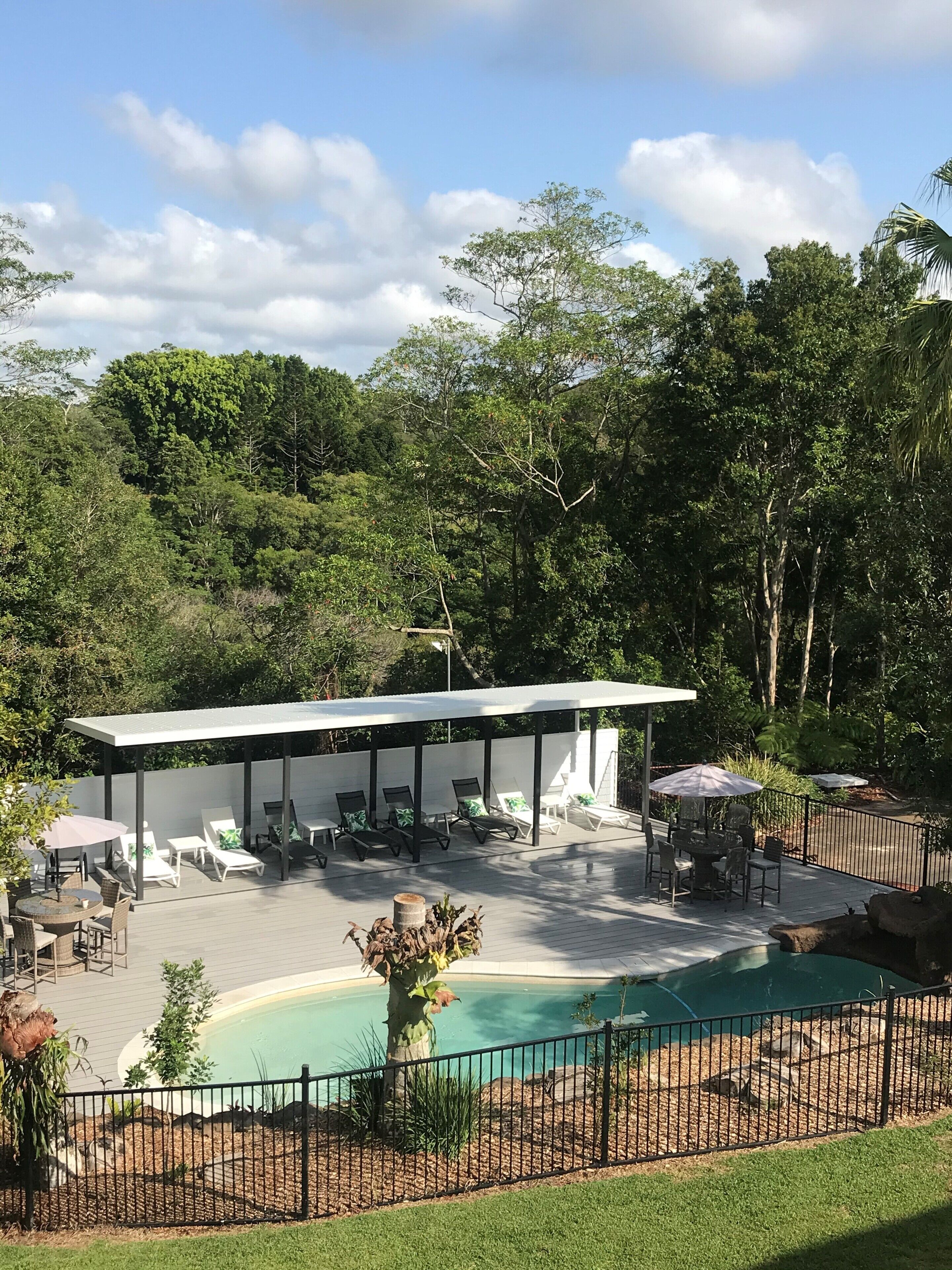 outdoor pool, pool loungers