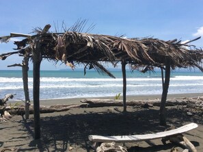 On the beach, free beach cabanas, surfing, kayaking