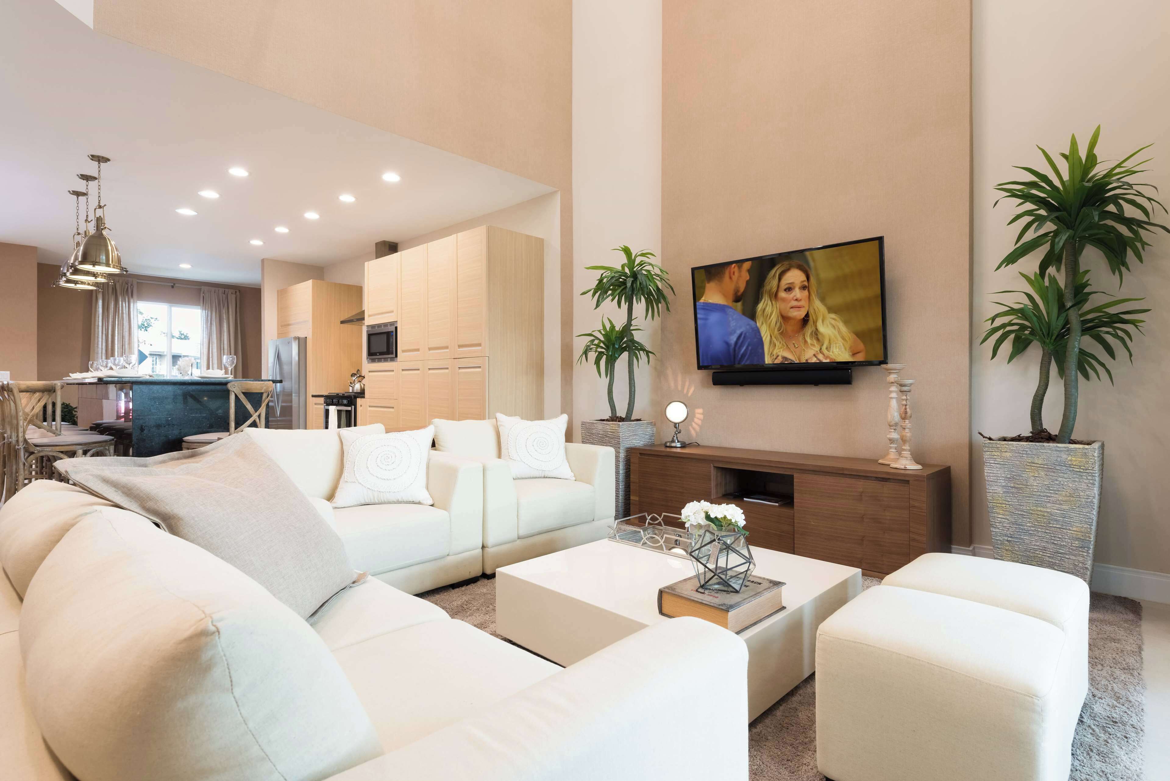Una sala de estar moderna con un sofá, una mesa de centro y un televisor. Hay plantas y una chimenea.