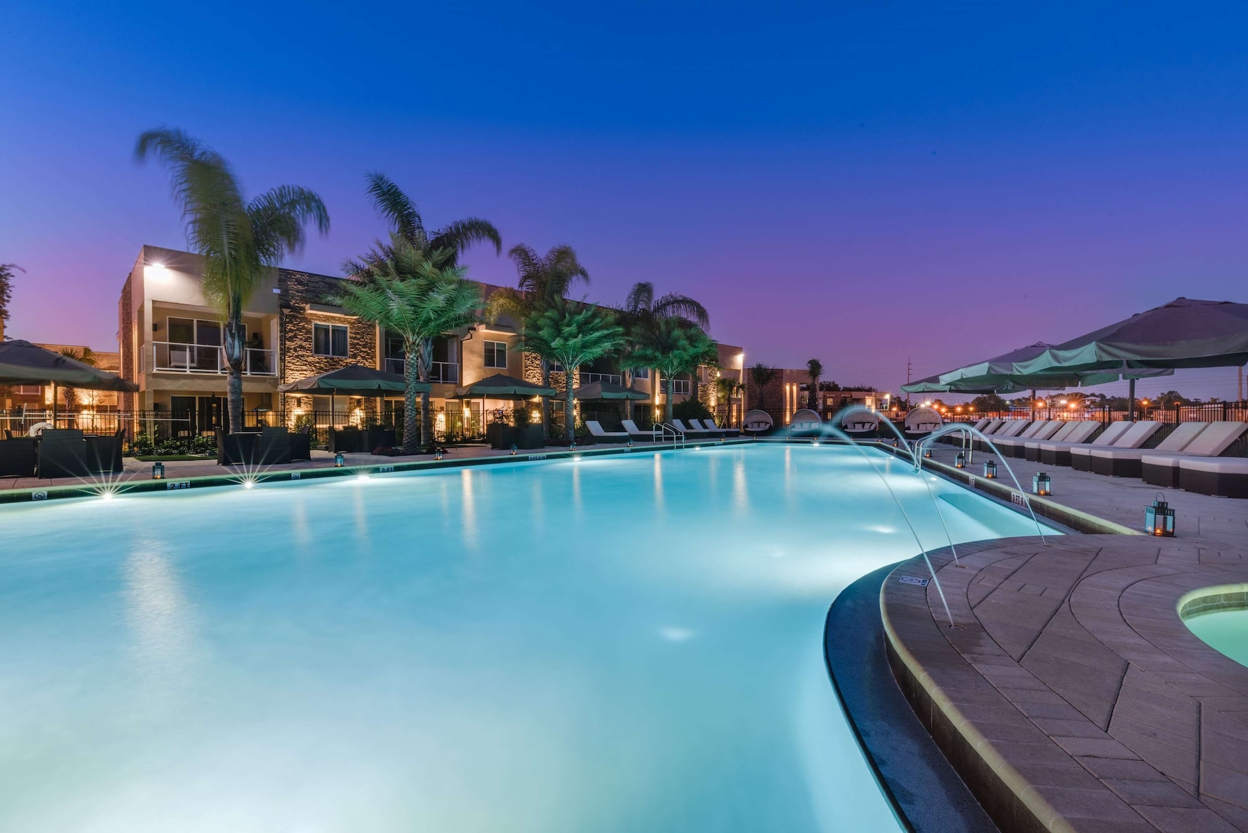 Outdoor pool, pool umbrellas, pool loungers