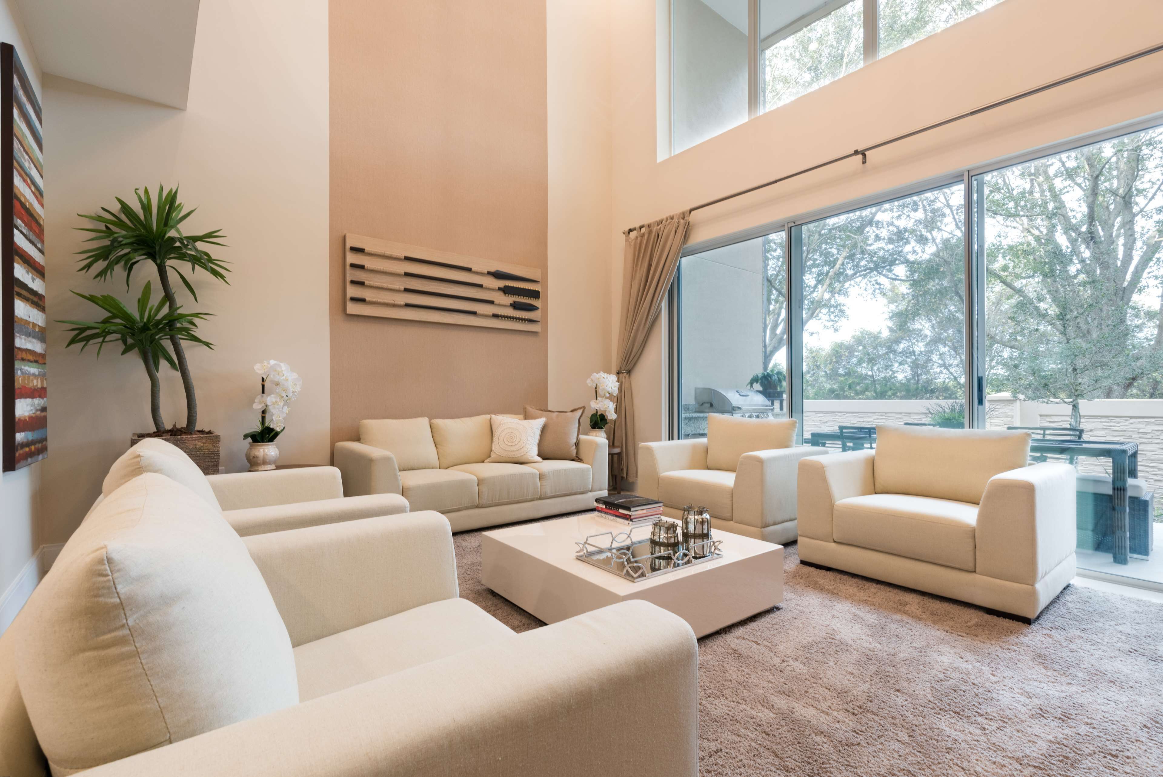 A spacious living room with a large window, a potted plant, and a modern coffee table.
