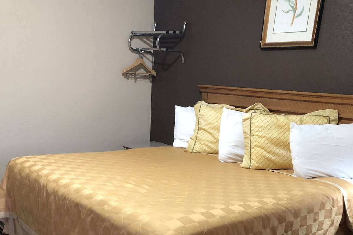 A hotel room with a large bed, a wooden headboard, a wall-mounted coat rack, and a striped carpet.