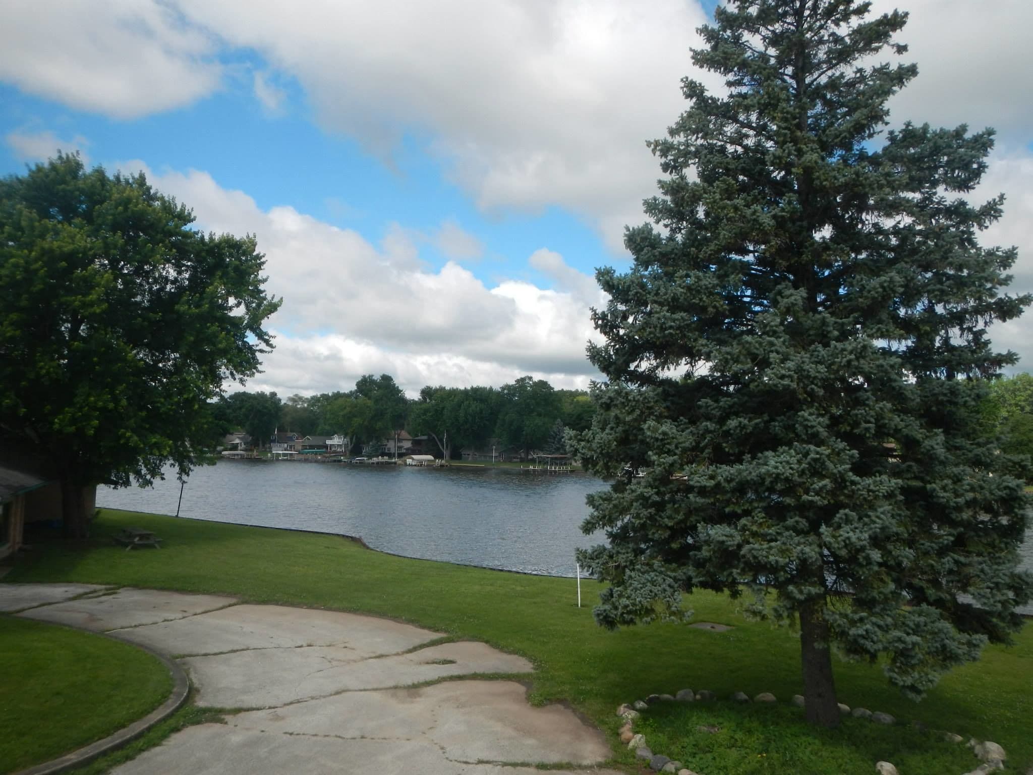 A lakeside property with a stone pathway, a large evergreen tree, and a view of the lake and distant buildings.
