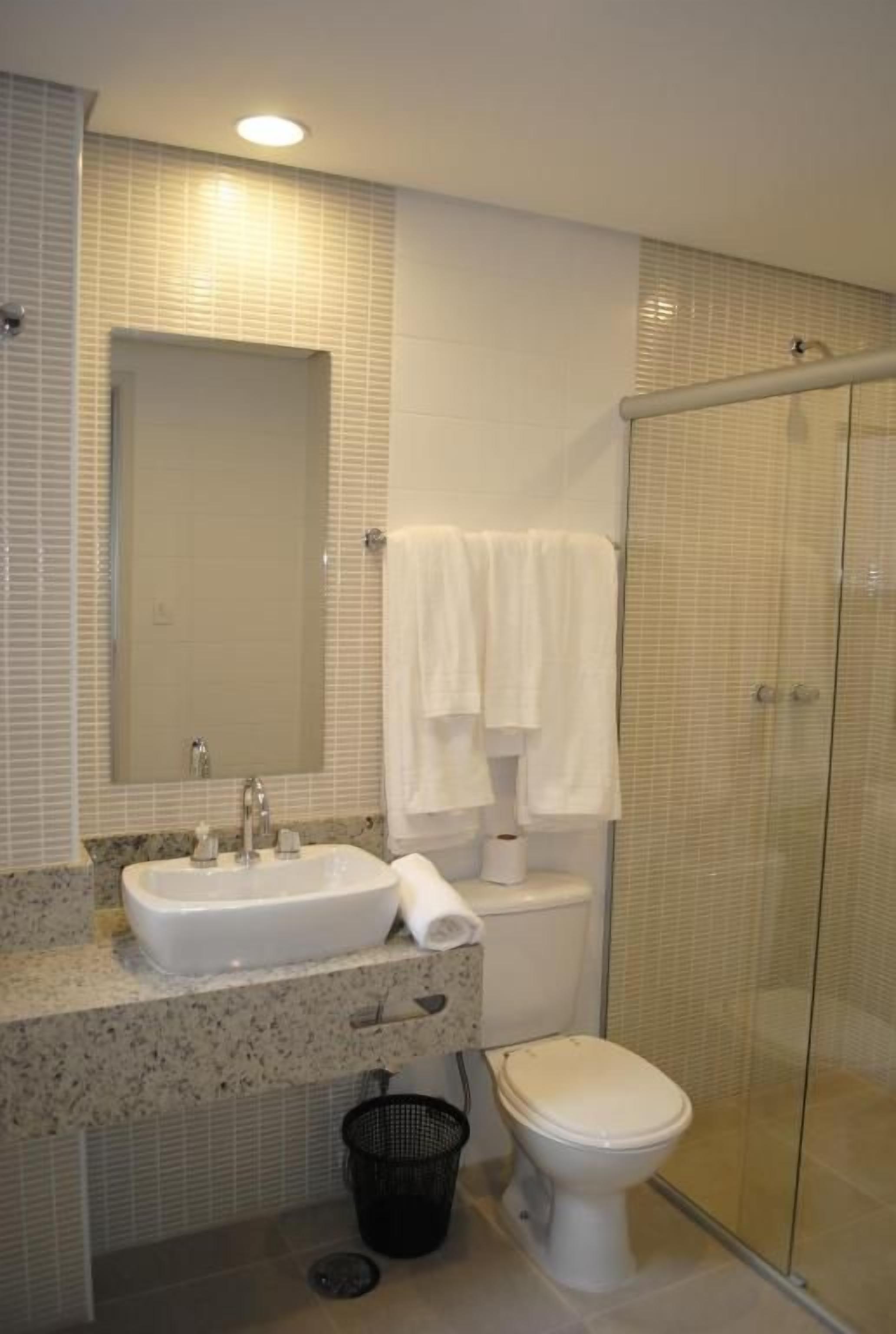 A bathroom with a sink, mirror, toilet, and shower.