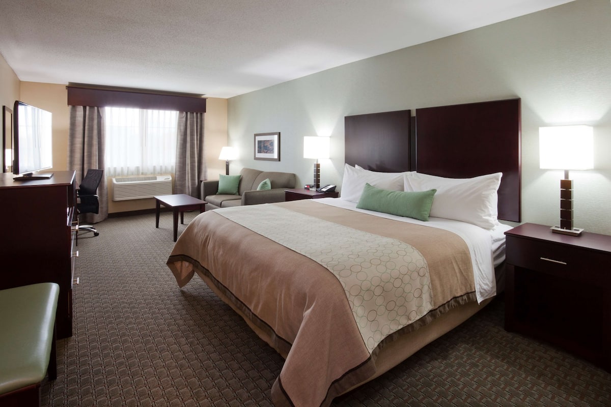 A hotel room with a large bed, a desk, a chair, a sofa, and a bedside table with lamps.