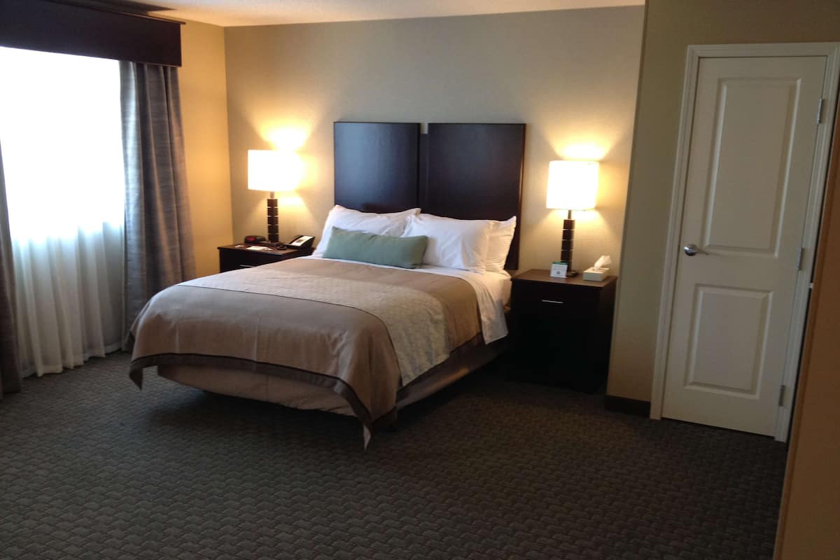 A hotel room with a large bed, two bedside tables with lamps, a door, and a window with curtains.