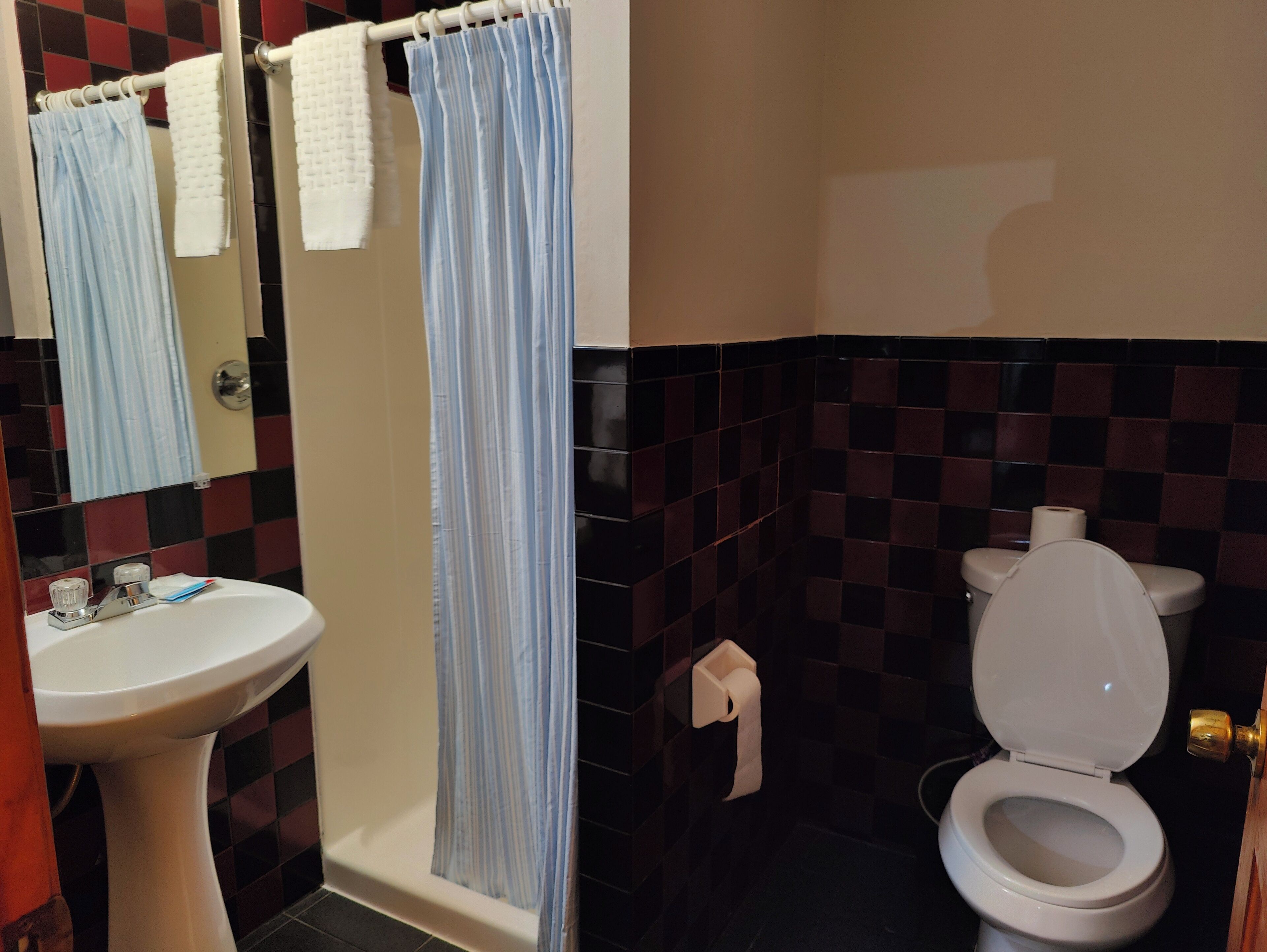 Un baño con lavabo, inodoro y cortina de ducha.