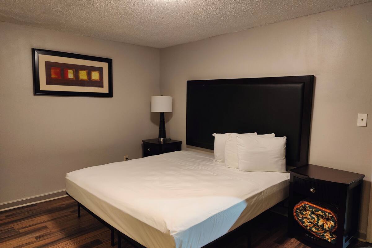 Une chambre d’hôtel avec un grand lit, une table de chevet avec une lampe, un tableau encadré au mur et une tête de lit sombre.