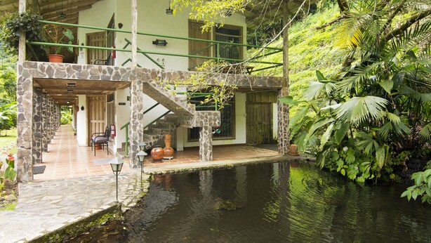 A stone bridge over a pond, a wooden deck with chairs, and lush greenery around a building with a stone facade.
